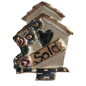 Vtg Blue Sky Clayworks Birdhouse Sold Real Estate Pin Brooch
